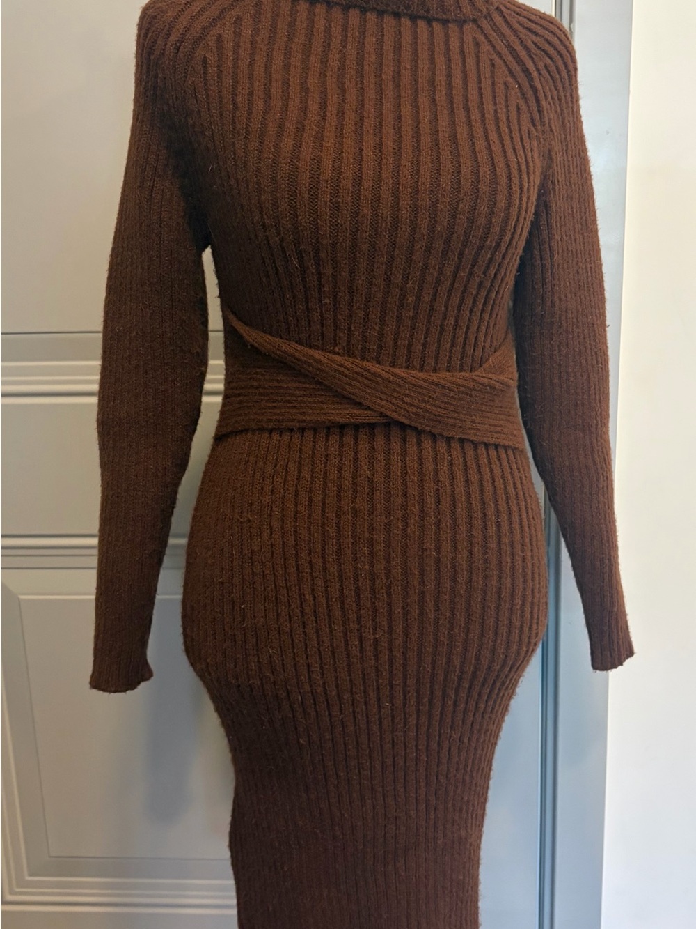 SHEIN Brown Ribbed Long Sleeve Bodycon Dress with Waist Wrap
